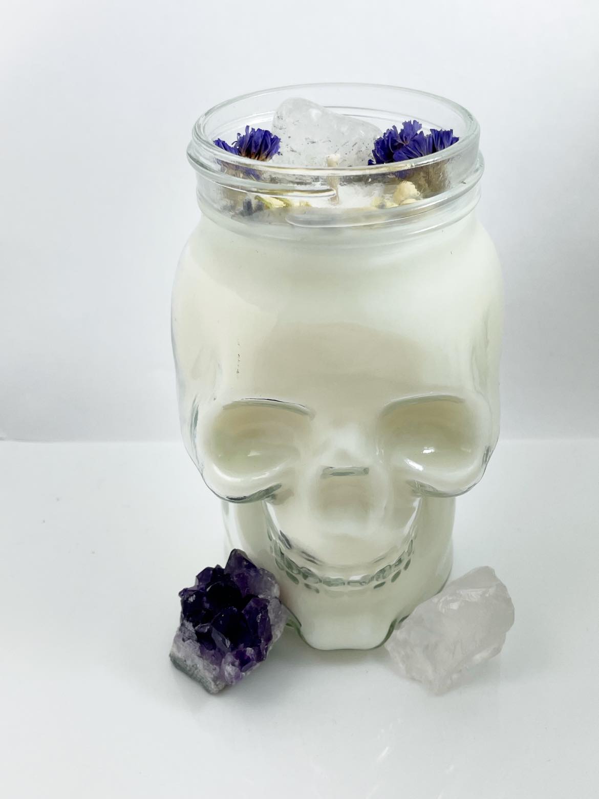 Spiritual Crystal - White Glass Skull Candle - Clear Quartz - Flower Herb Crystal - Sage & Lavender - 100% Soy Wax, 15 oz - Spiritual Candle