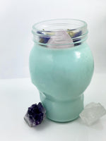 Load image into Gallery viewer, Spiritual Crystal - Aquamarine Glass Skull Candle - Rose Quartz - Flower Herb Crystal - Love Spell - 100% Soy Wax - 15 oz - Spiritual Candle
