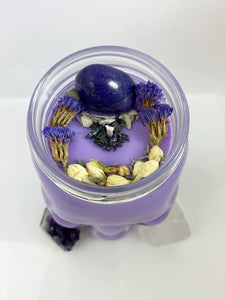Spiritual Crystal - Purple Glass Skull Candle - Palo Santo - Purple Agate Stone - Flower Herb - 100% Soy Wax - 15oz - Spiritual Intention