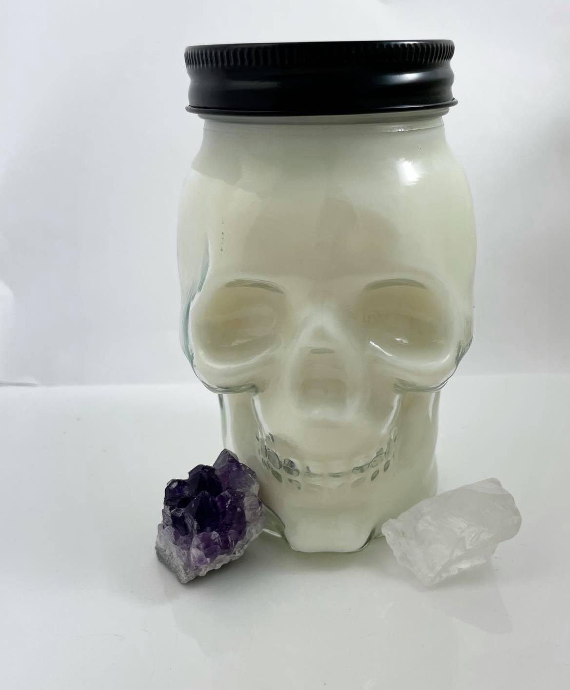 Spiritual Crystal - White Glass Skull Candle - Clear Quartz - Flower Herb Crystal - Sage & Lavender - 100% Soy Wax, 15 oz - Spiritual Candle