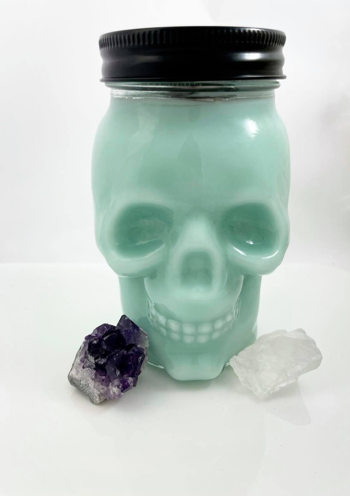 Spiritual Crystal - Aquamarine Glass Skull Candle - Rose Quartz - Flower Herb Crystal - Love Spell - 100% Soy Wax - 15 oz - Spiritual Candle