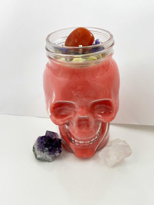 Spiritual Crystal - Orange Red Glass Skull Candle - Carnelian Stone - Flower Herb Crystal - Apples & Maple Bourbon - Soy Wax, 15 oz - Zen