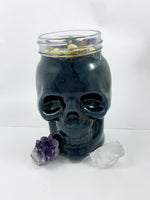 Load image into Gallery viewer, Spiritual Crystal - Black Glass Skull Candle - Hematite Stone Flower Herb - Pumpkin Spice - 100% Soy Wax - 15oz - Spiritual Intention Candle

