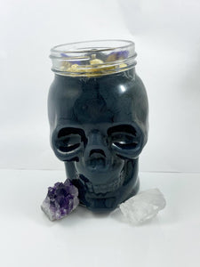 Spiritual Crystal - Black Glass Skull Candle - Hematite Stone Flower Herb - Pumpkin Spice - 100% Soy Wax - 15oz - Spiritual Intention Candle