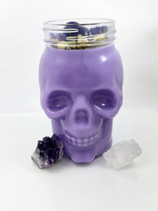 Spiritual Crystal - Purple Glass Skull Candle - Palo Santo - Purple Agate Stone - Flower Herb - 100% Soy Wax - 15oz - Spiritual Intention